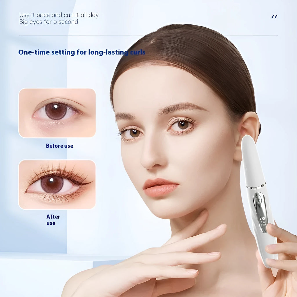 Intelligent digital display electric eyelash curler in black with tooth-comb style head, USB rechargeable