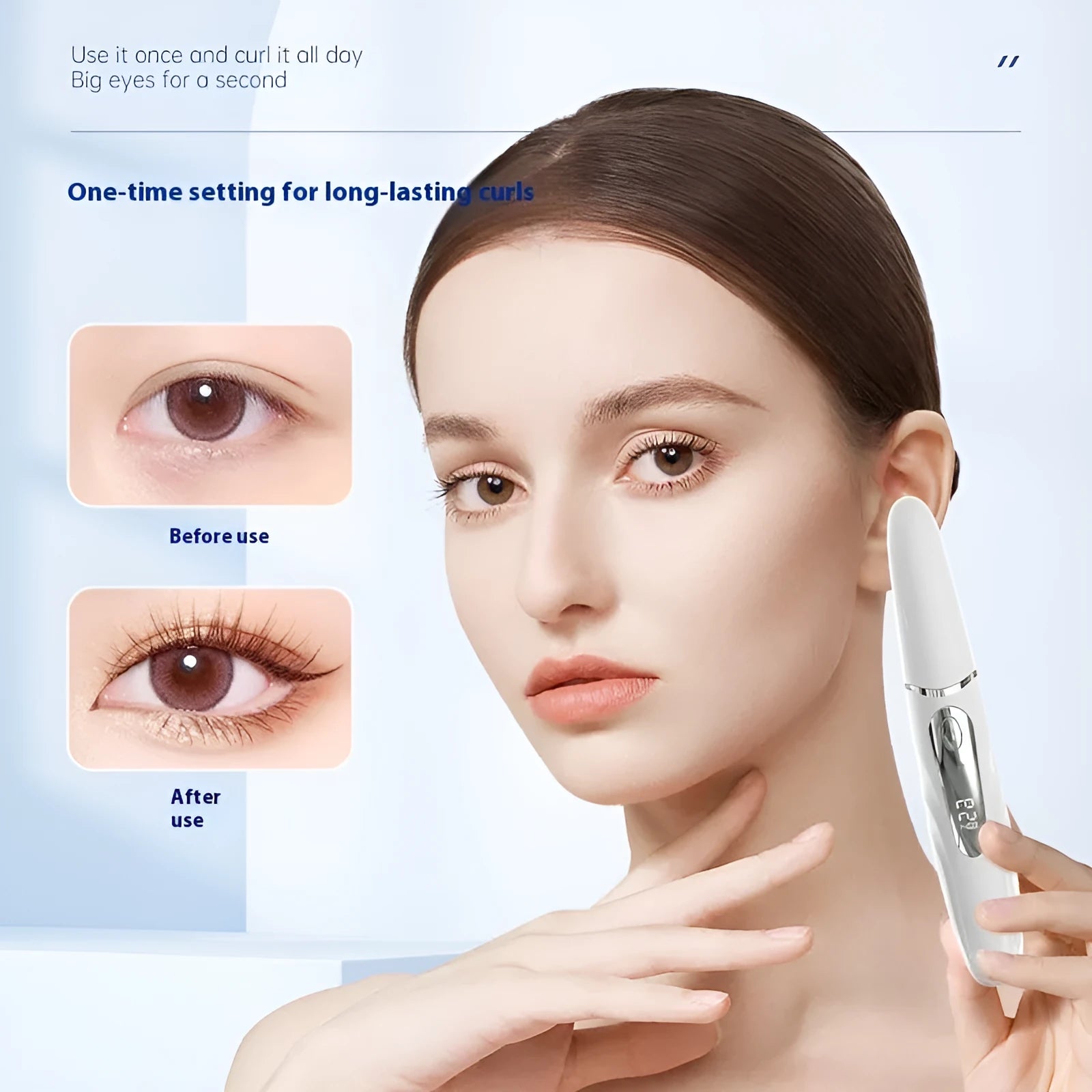 Intelligent digital display electric eyelash curler in black with tooth-comb style head, USB rechargeable