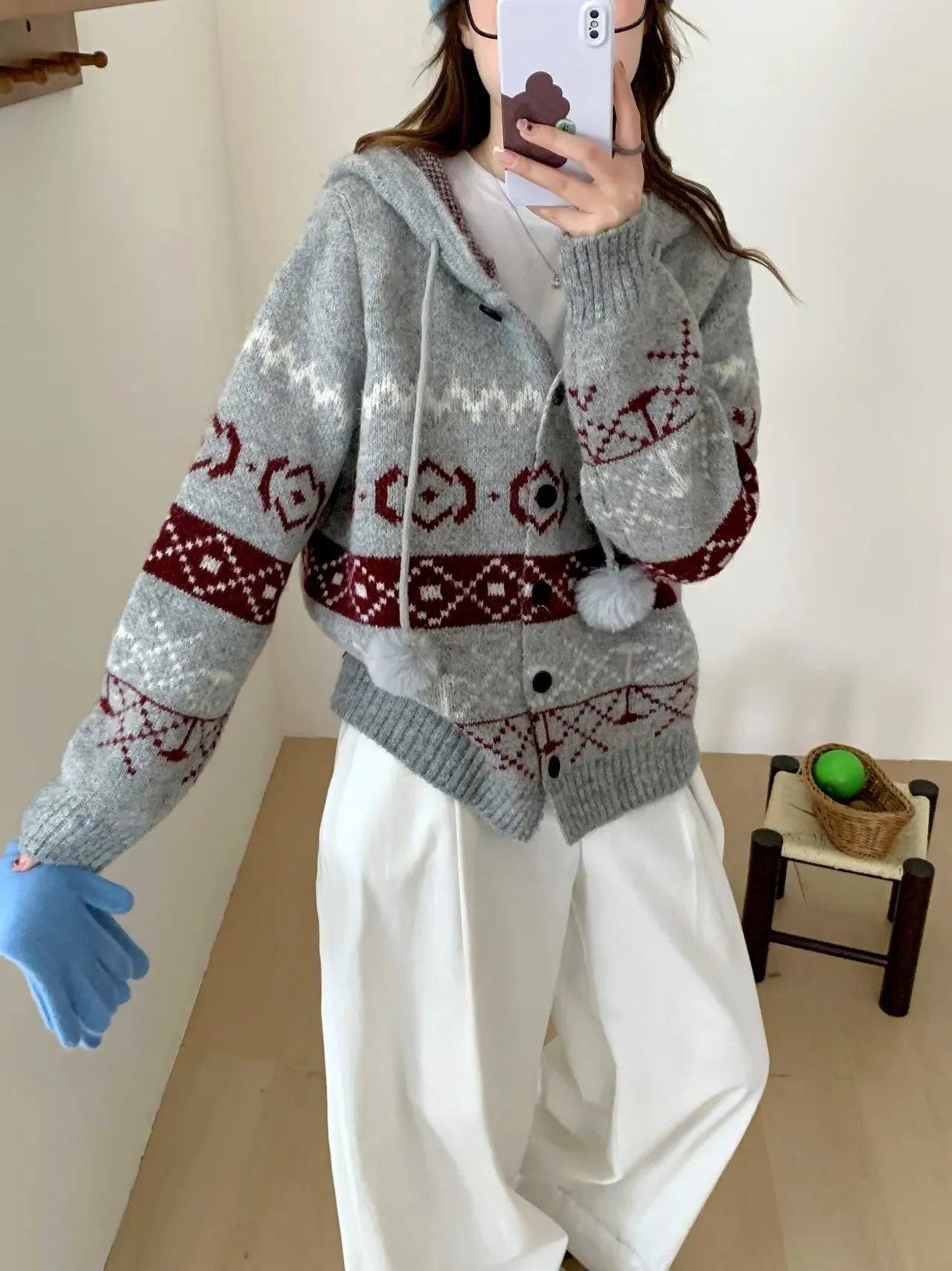 Women's geometric pattern brocade sweater coat in milky white loose fit plus size