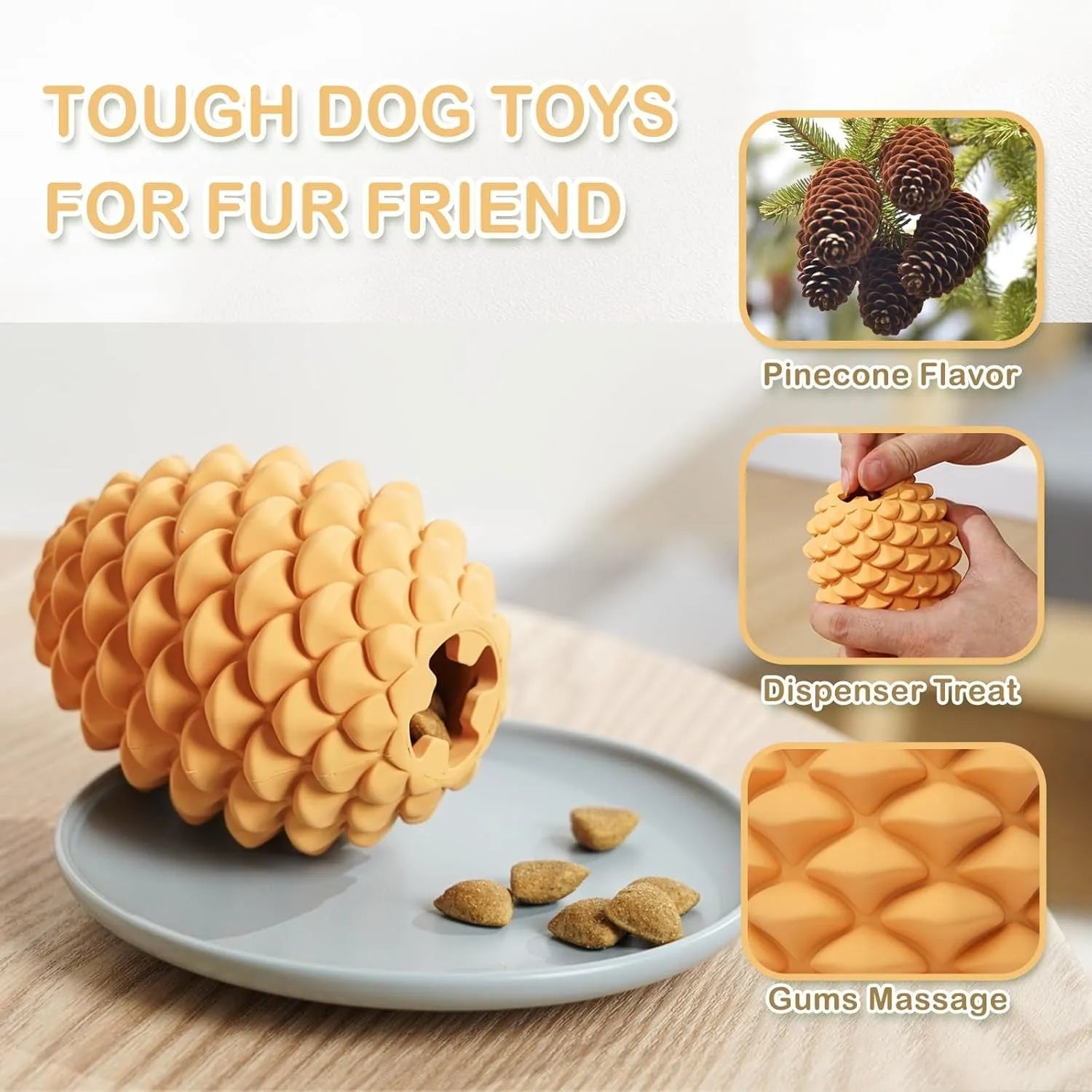 Yellow pine cone shaped dog chew toy with treat dispenser for medium and large breed dogs
