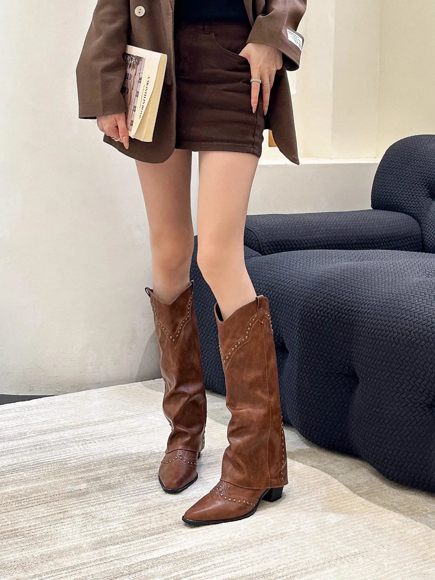 Women's long retro western cowboy boots in khaki brown with rivet detailing and middle heel