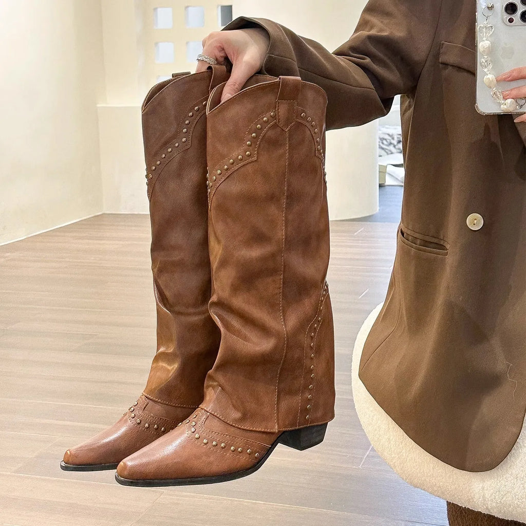 Women's long retro western cowboy boots in khaki brown with rivet detailing and middle heel