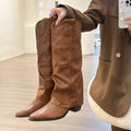 Women's long retro western cowboy boots in khaki brown with rivet detailing and middle heel