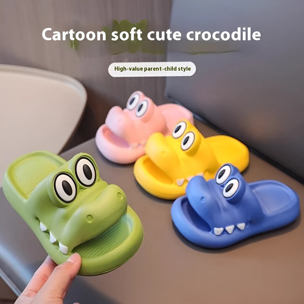 EVA platform parent child sandals in animal patterns, showing four colour options and size ranges