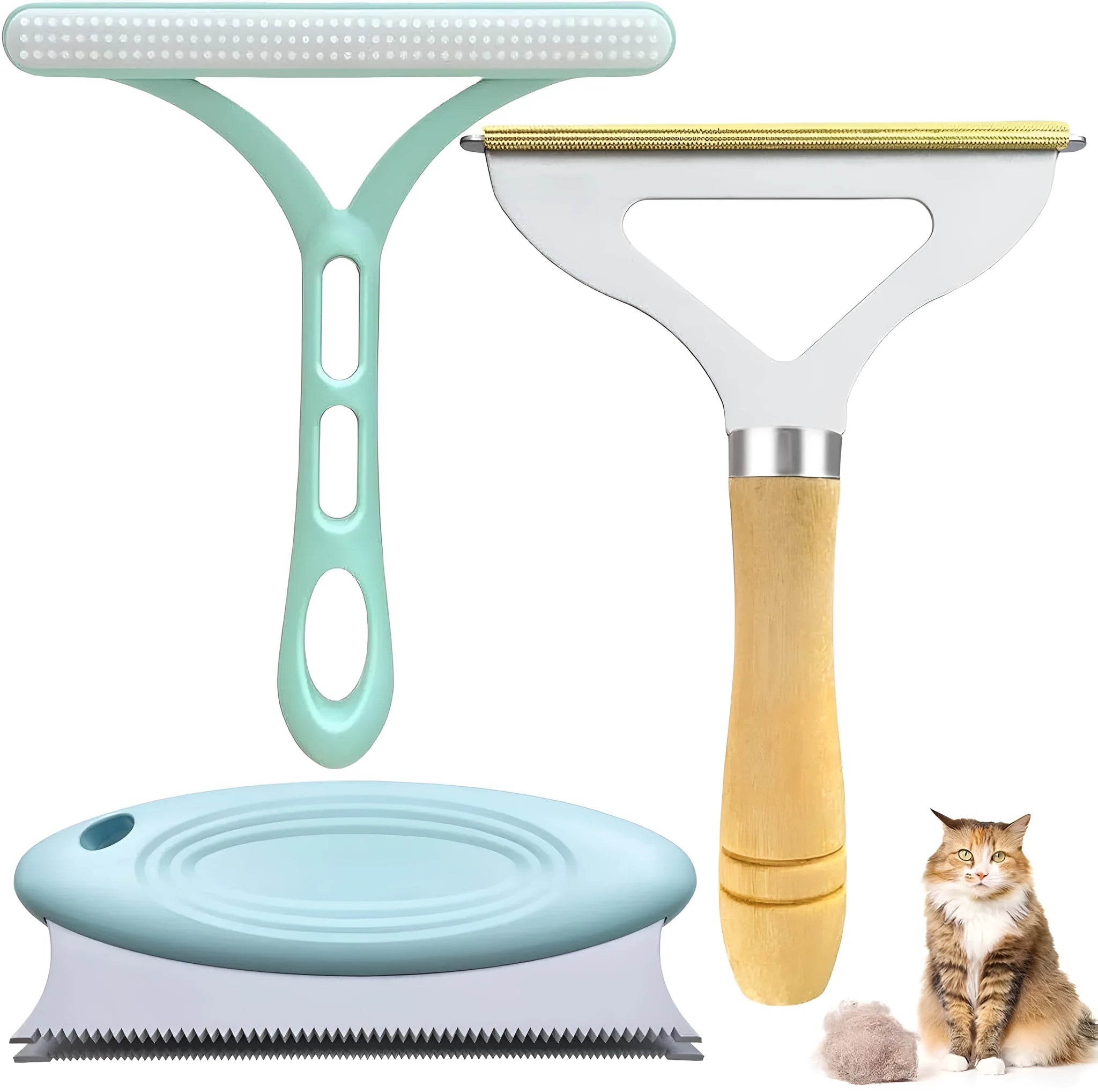 Three-piece pet hair remover set with metal, silicone, and round cleaning tools