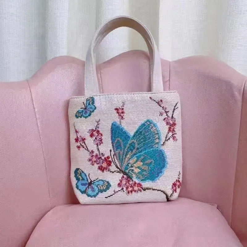 Double-sided gold wire embroidery canvas tote bag in small, medium, or large size with inner bag.