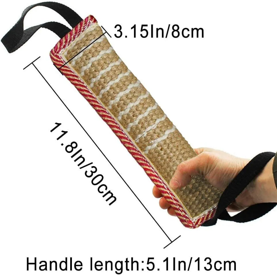 Beige and pink jute dog tug toy with two handles for training small medium dogs