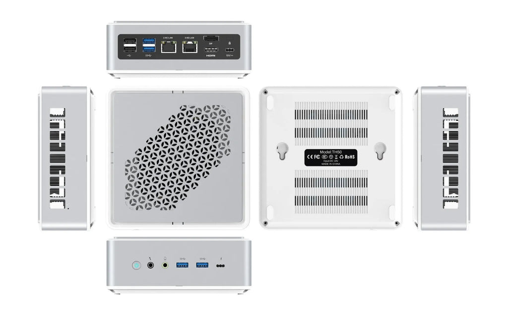 MINISFORUM TH50 Mini PC silver with front ports including USB3.1 and Thunderbolt 4