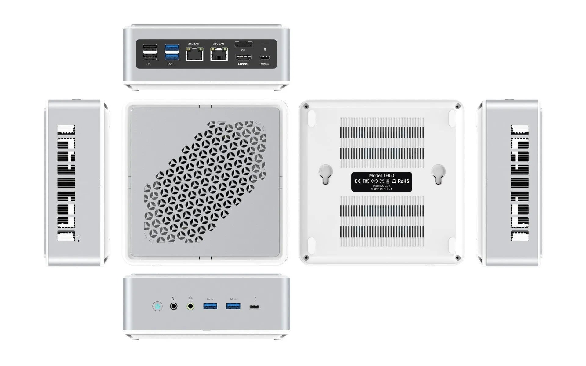 MINISFORUM TH50 Mini PC silver with front ports including USB3.1 and Thunderbolt 4