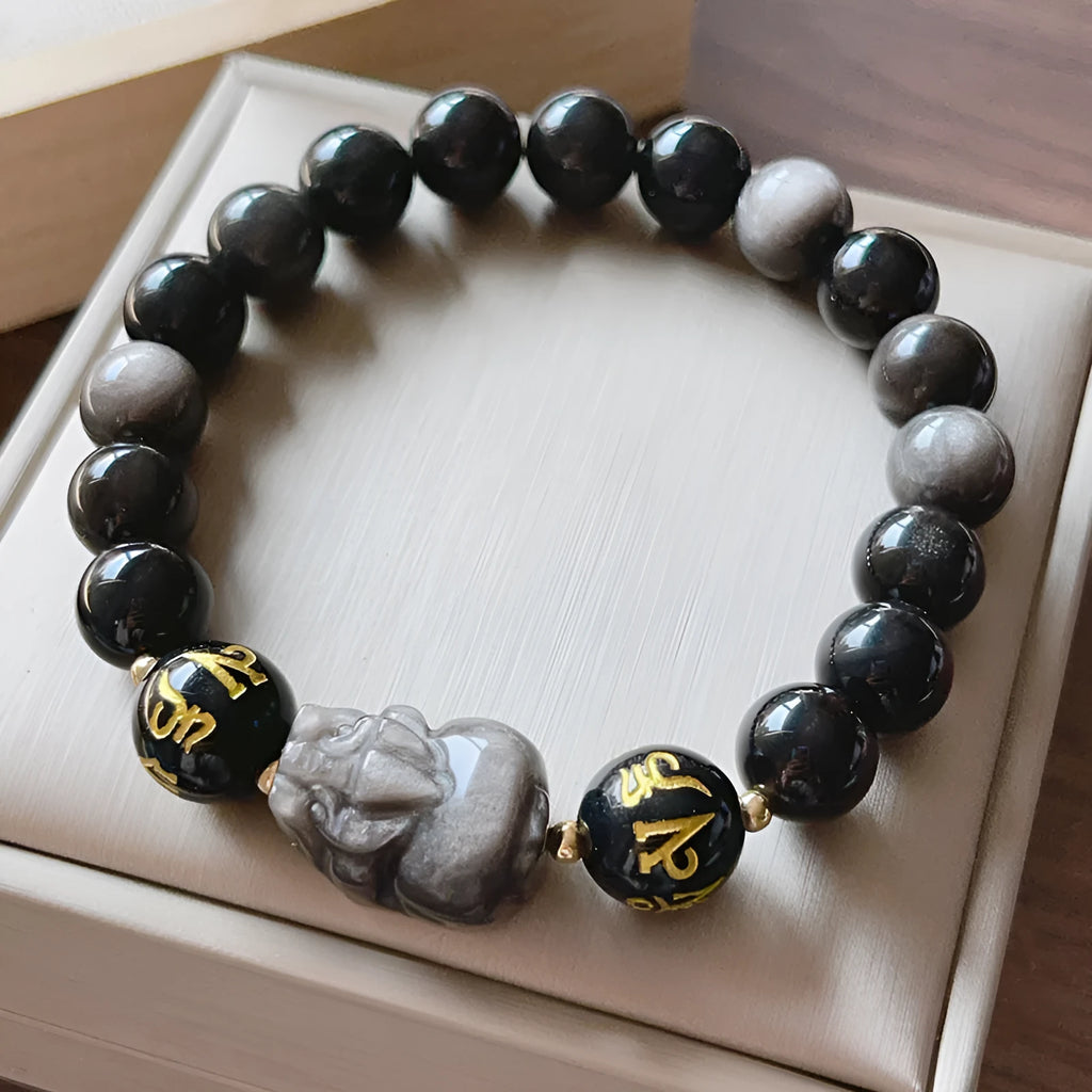 Men's natural silver stone bracelet with Chinese zodiac beads and adjustable fastening