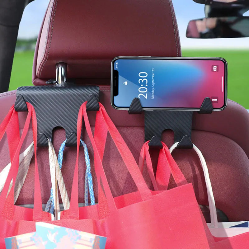Black ABS car multifunction hook bracket with integrated phone holder for rear seat storage