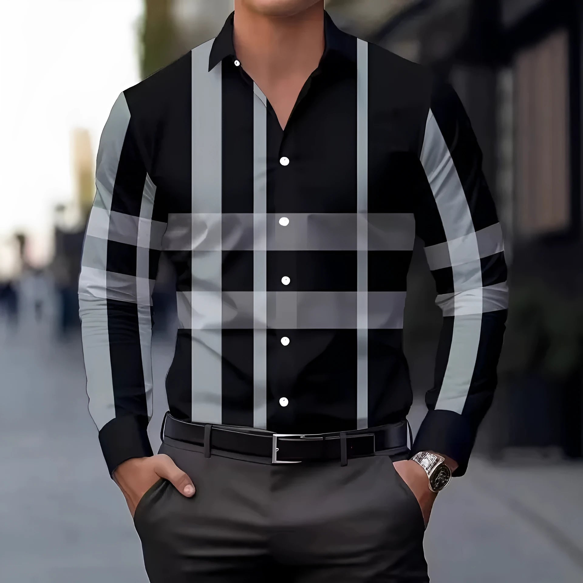 Men's striped polyester button-up shirt with lapel collar in multiple colour options