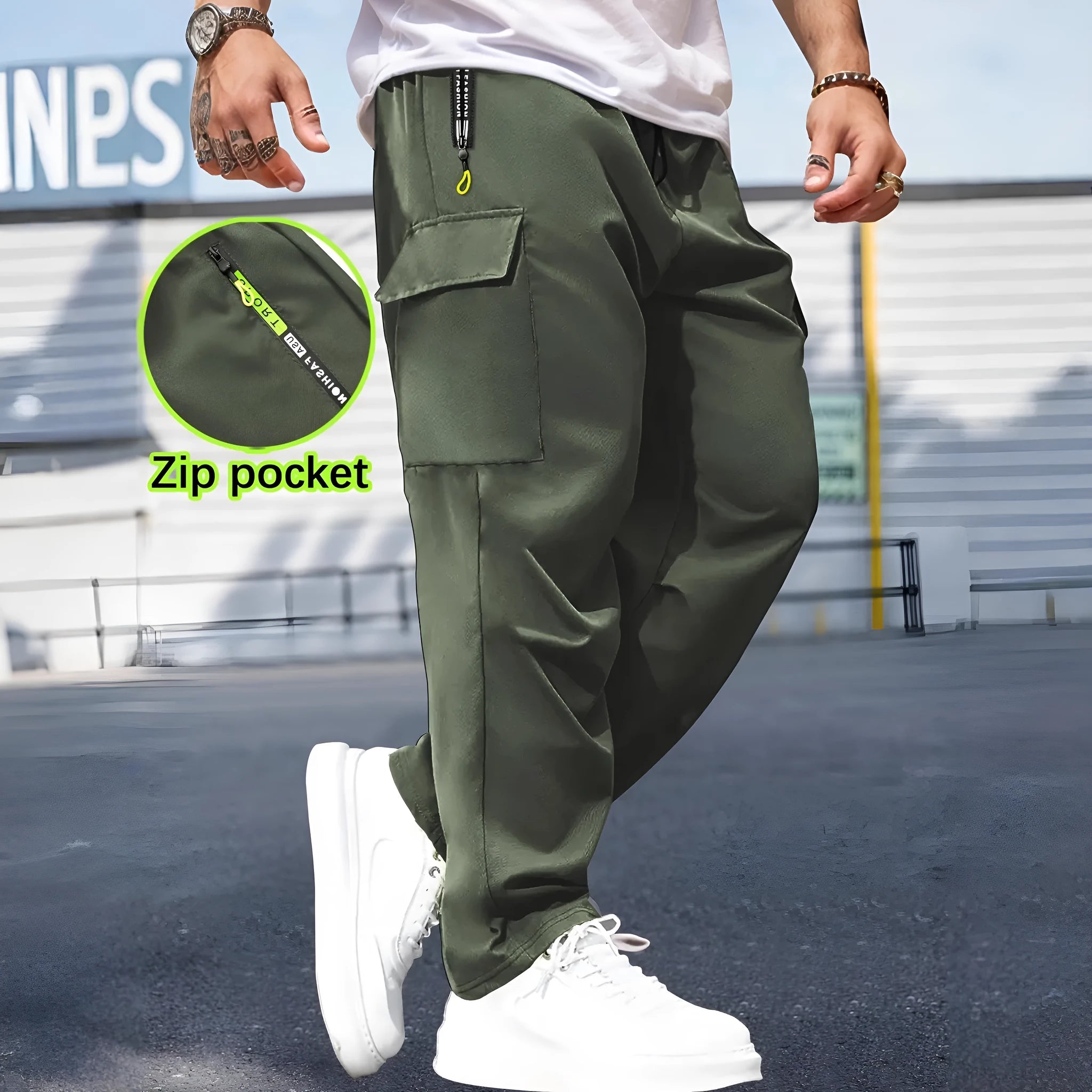 Men's retro cargo pants straight leg drawstring wrinkle-free polyester black gray dark blue military green autumn