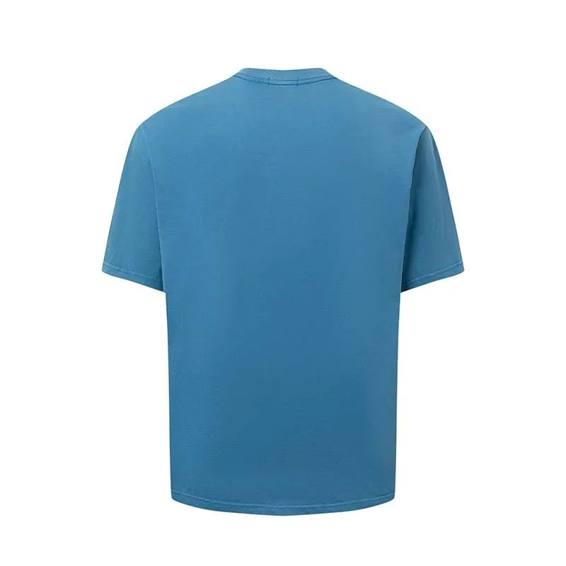 Men's blue American retro T-shirt with white letter printing, round neck, loose fit cotton blend casual top