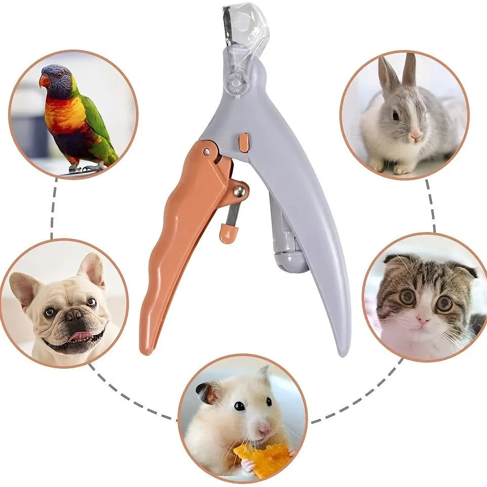 Yellow pet nail trimmer with LED lights, magnifying glass, and steel blades for trimming cat and dog nails