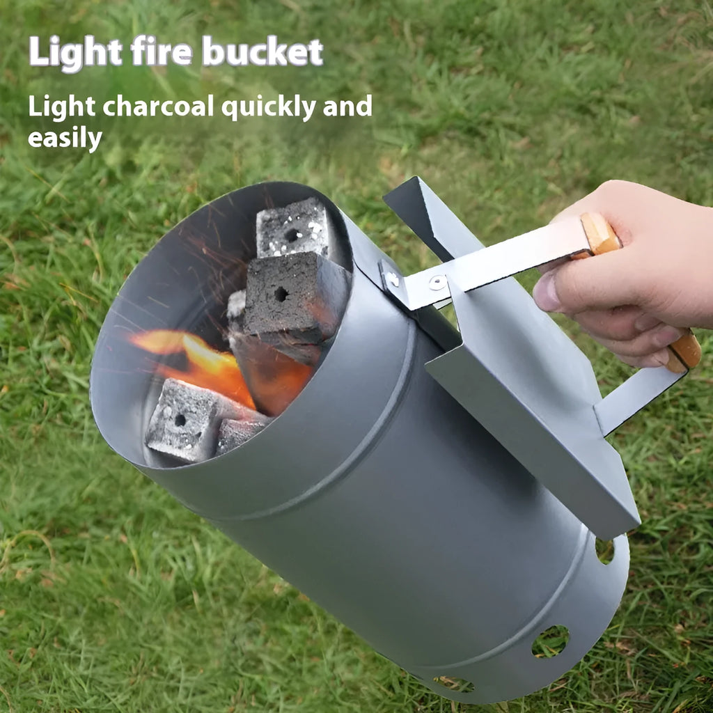 Zinc-iron alloy outdoor charcoal fire starter with carbon bucket design and igniter.
