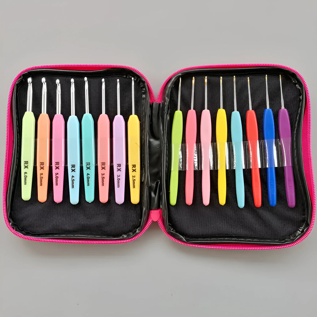 16-piece crochet hook set with soft and hard handles including storage bag