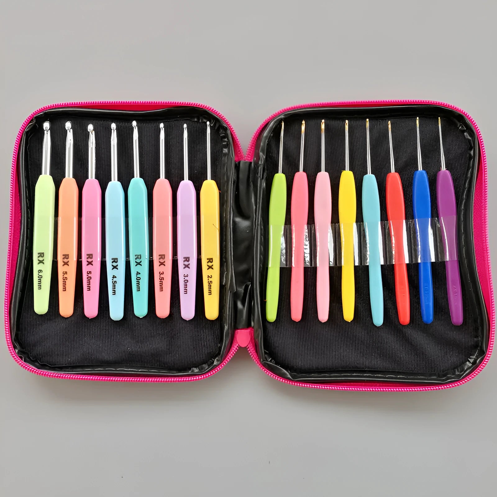 16-piece crochet hook set with soft and hard handles including storage bag