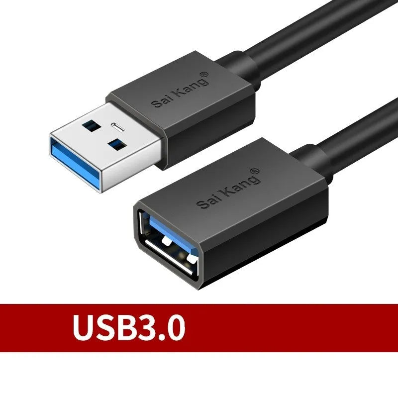 Black USB 3.0 and 2.0 male to female extension cable with double-layer shielding.