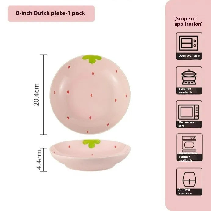Cute strawberry-themed porcelain dinnerware set with flower bowl, straw hat plate, disc, and twist spoon.