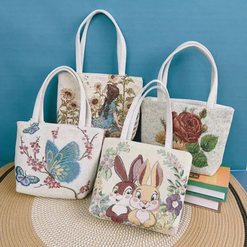 Double-sided gold wire embroidery canvas tote bag in small, medium, or large size with inner bag.