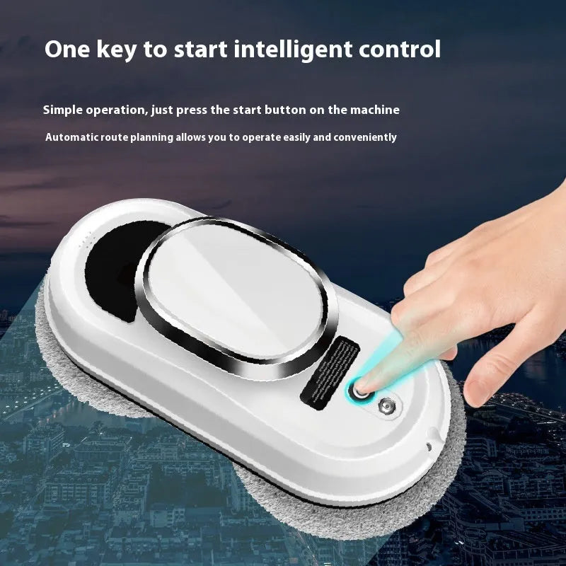 White automatic high-altitude window cleaning machine with remote control and cleaning cloths.