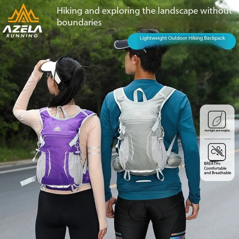 AZELA lightweight hydration backpack in breathable mesh with multiple compartments for trail running and hiking