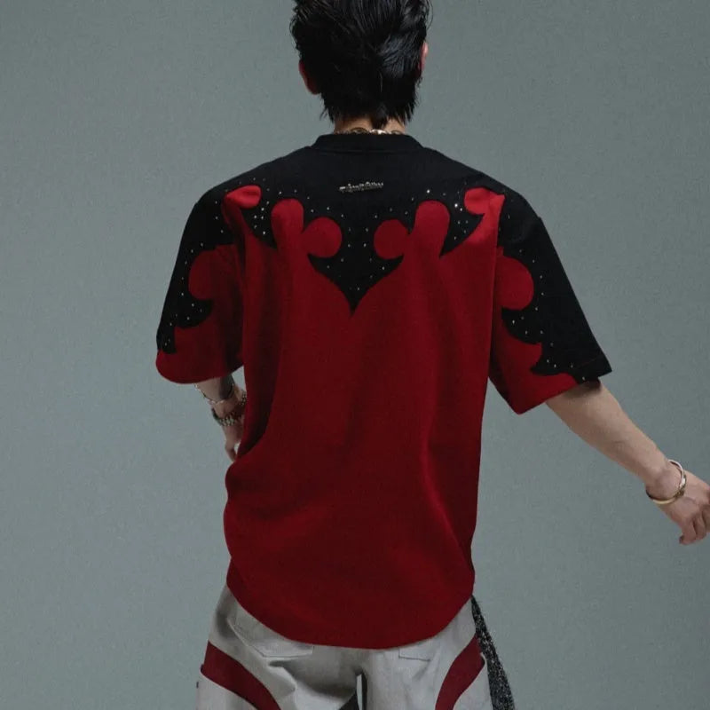 Men's grey cotton shirt with burnt flower embroidery and rhinestone details on the front.