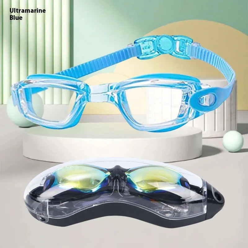 Children's large frame anti-fog swimming goggles in blue with silicone straps and glasses case