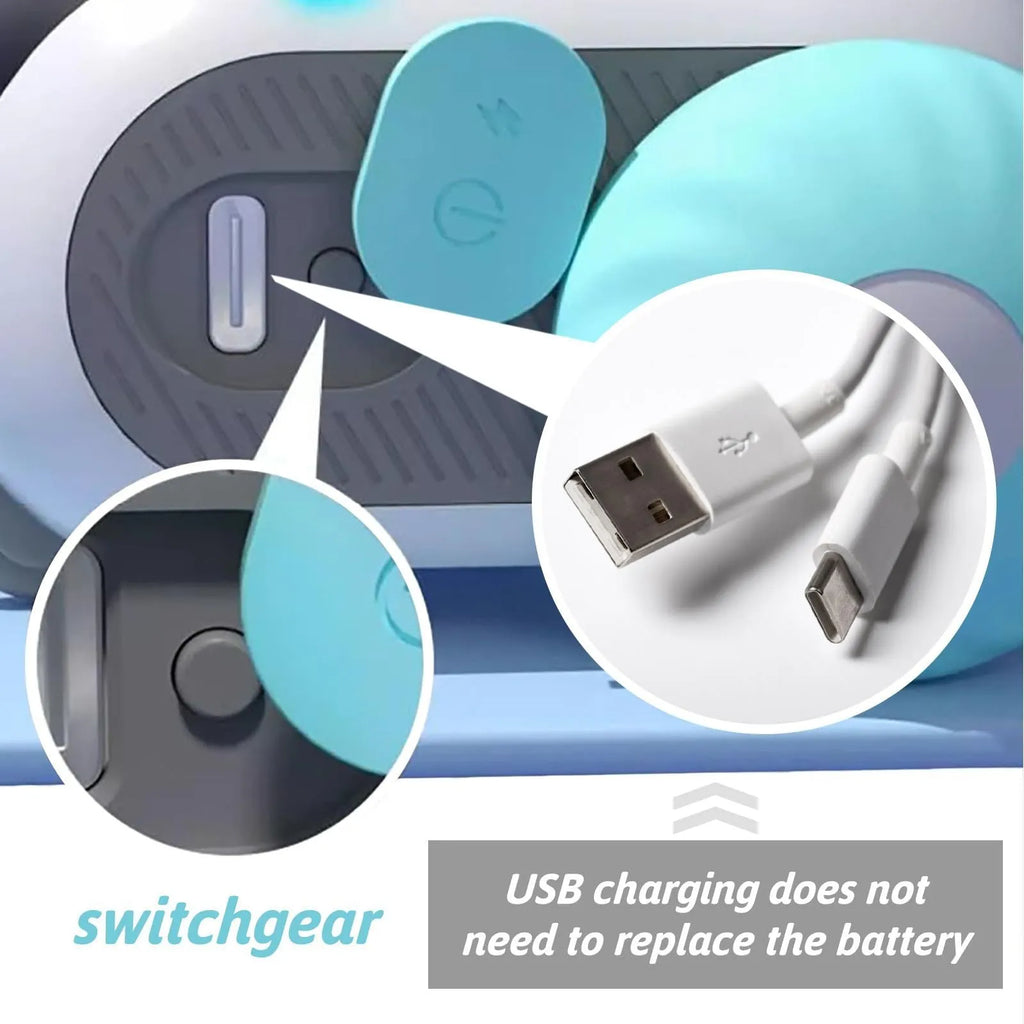 Blue remote controlled toy car with feather attachment for cat play with USB charging cable