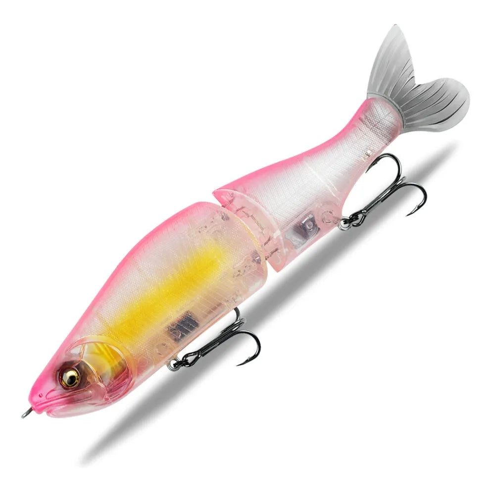 185mm plastic bass fishing swimming bait showing colour options and length measurement