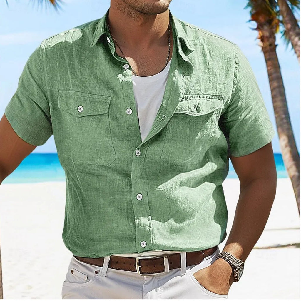Men's loose fit cotton summer shirt in a solid colour on a hanger