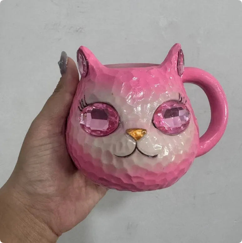 American style resin cat cup decoration in blue, green, pink, or purple colour.
