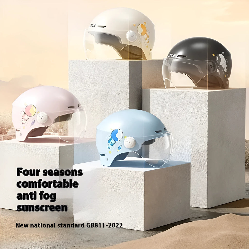 Khaki electric motorcycle half helmet with long visor showing ABS construction and free size fit
