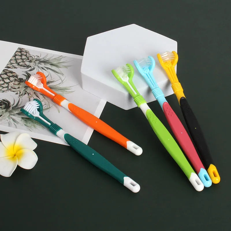 Plastic three-head pet toothbrush in blue red, dark green, grass green, orange, and yellow black for dog oral cleaning