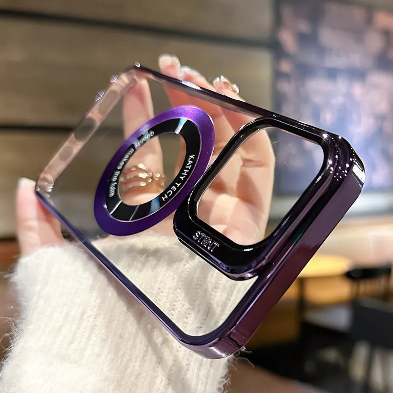Magnetic iPhone case with exposed Apple logo in dark purple colour showing MagSafe compatibility