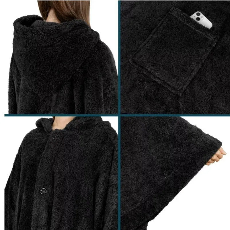 Thickened hooded bathrobe cardigan in black, dark gray or pink solid colours with long sleeves