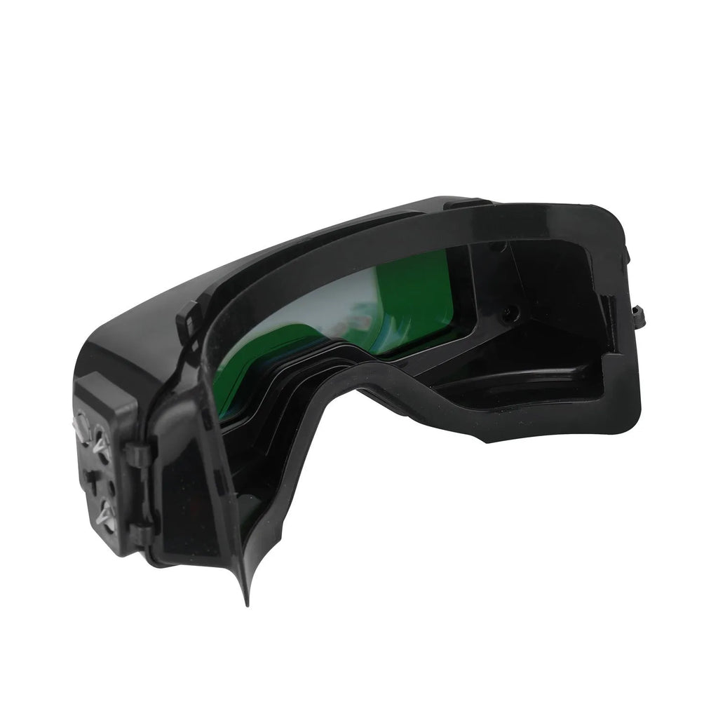 Black automatic welding mask with large viewing lens and adjustable controls for sensitivity and delay timing