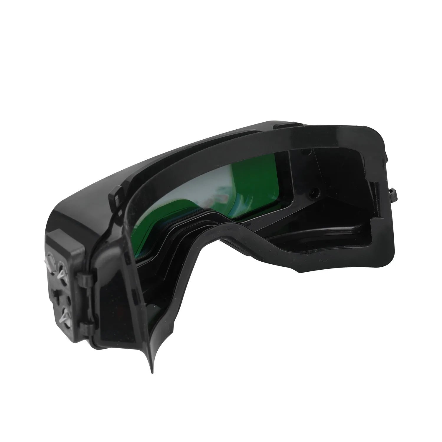 Black automatic welding mask with large viewing lens and adjustable controls for sensitivity and delay timing