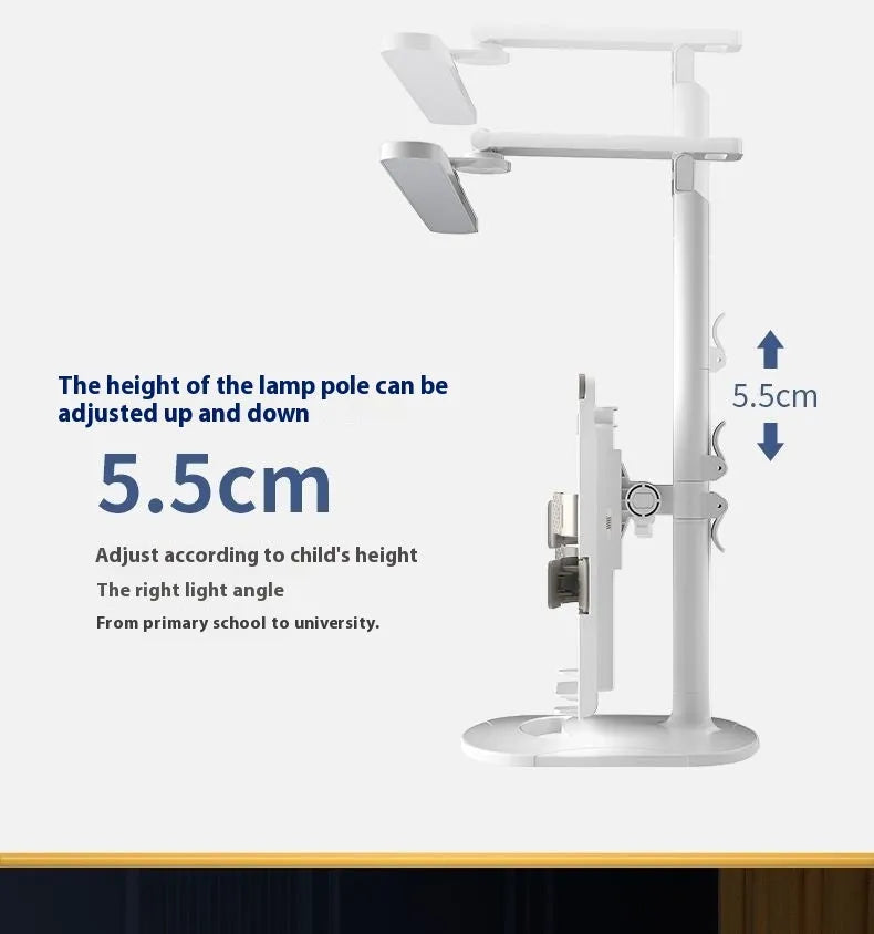 Adjustable multifunctional table lamp with an integrated bookshelf shelf on a wooden desk.
