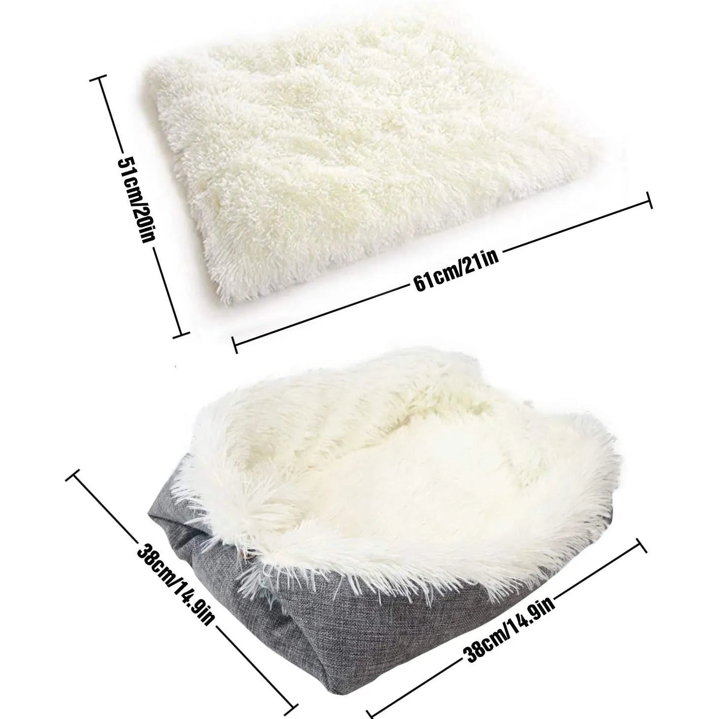 Grey pet warm pad with long plush hair and black non-slip bottom for cats and dogs