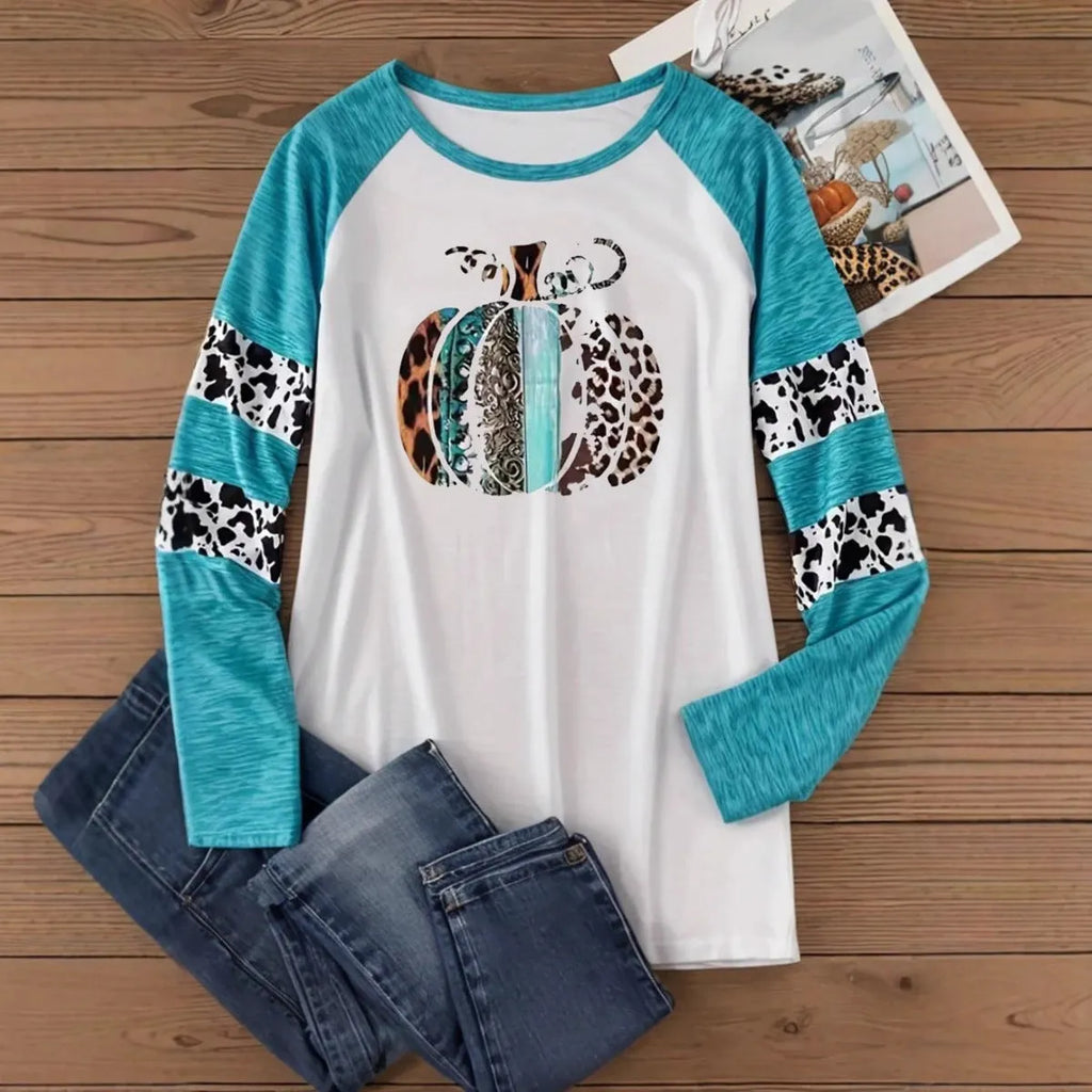Sky blue polyester t-shirt with 3D Halloween pumpkin printing, regular fit with long sleeves