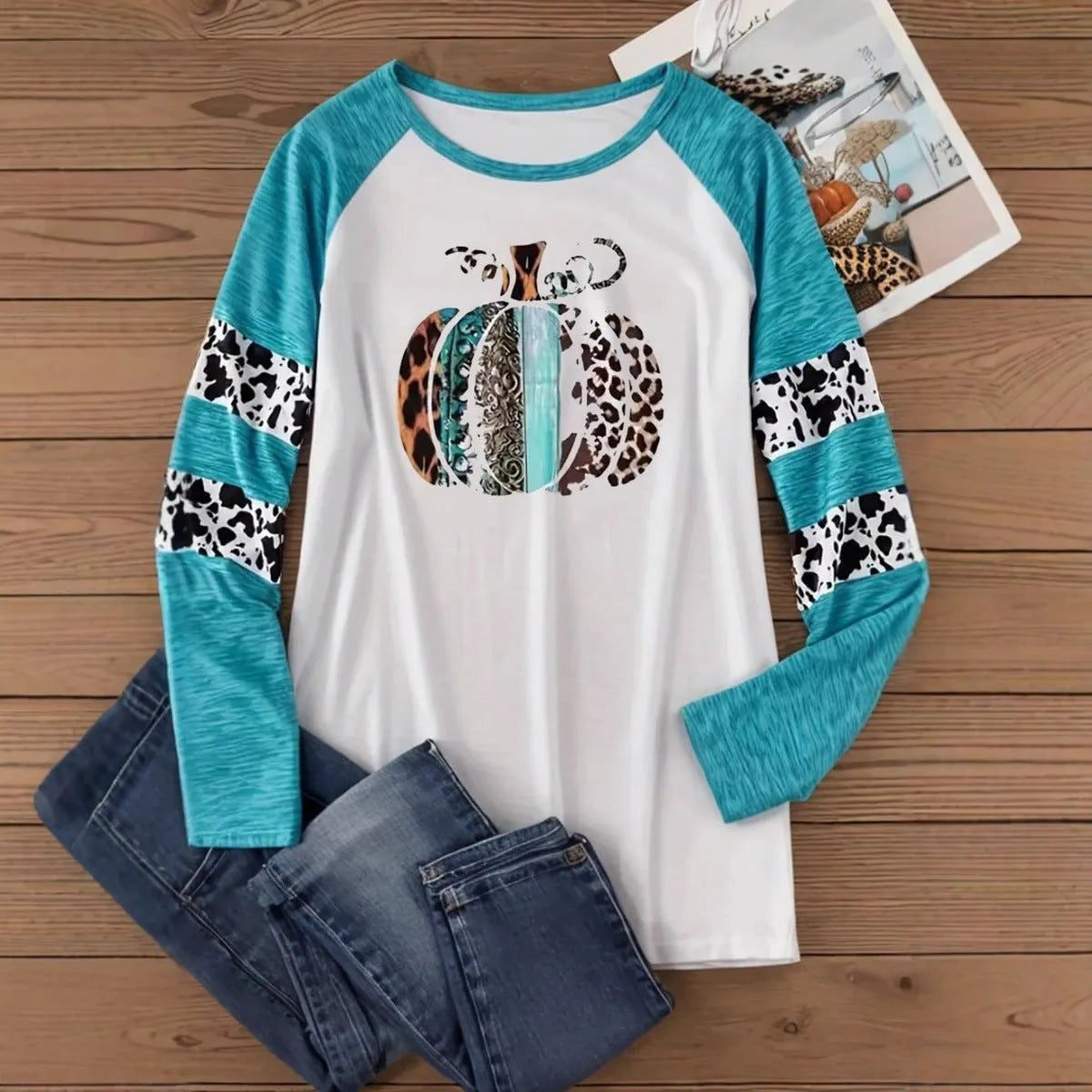 Sky blue polyester t-shirt with 3D Halloween pumpkin printing, regular fit with long sleeves