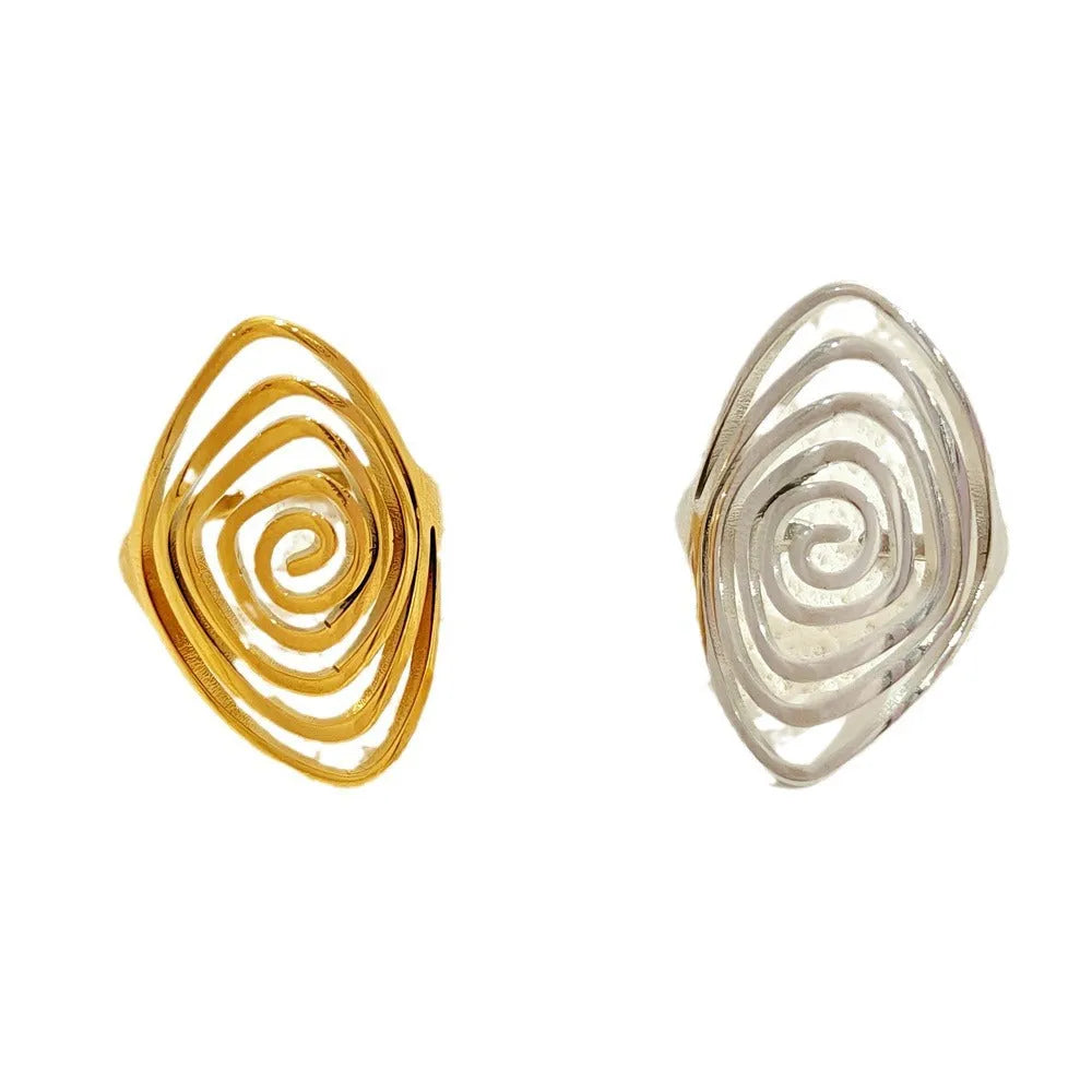 Stainless steel exaggerated circle geometric ring in gold colour, adjustable opening, front view.