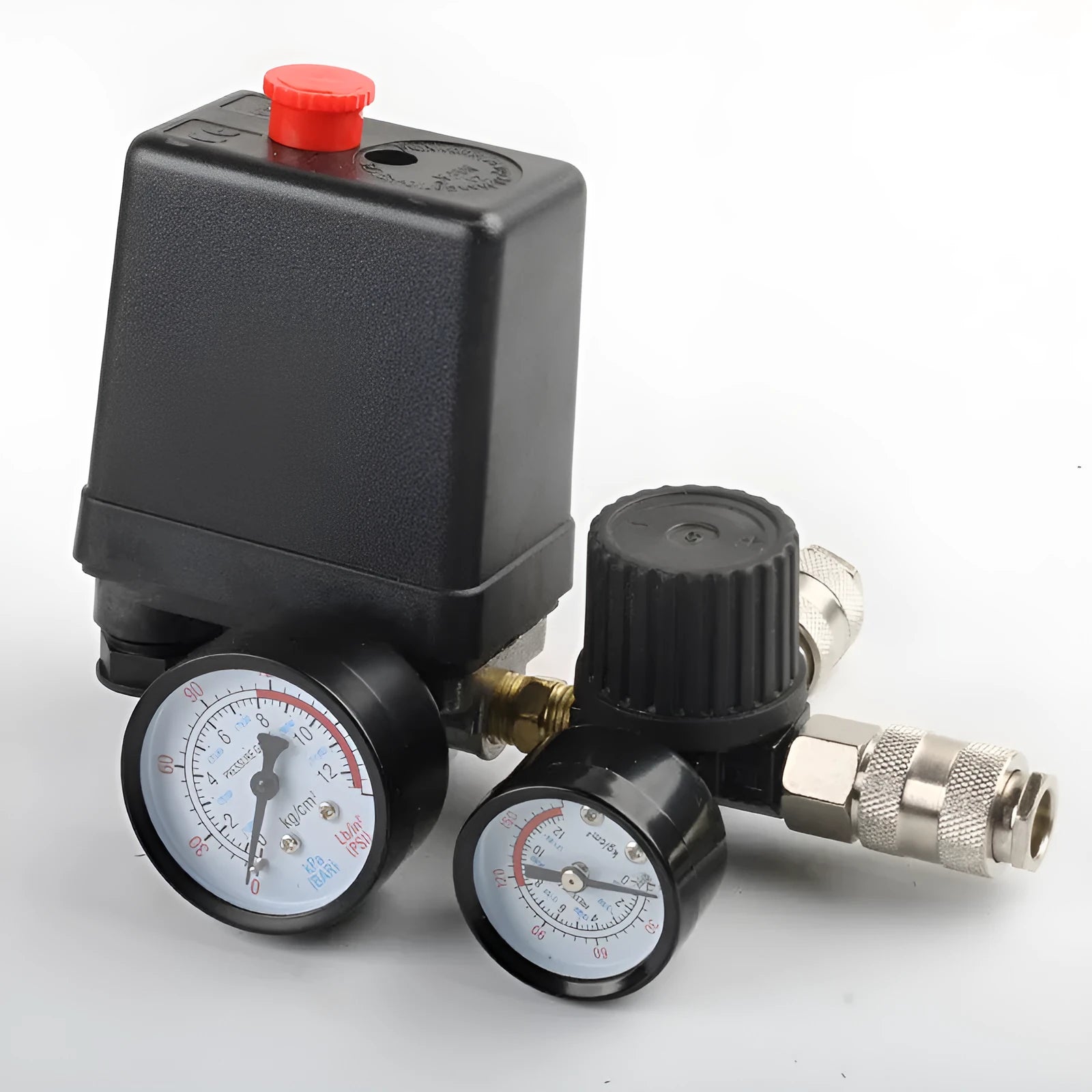 European air compressor pressure regulating valve assembly with adjustable pressure switch