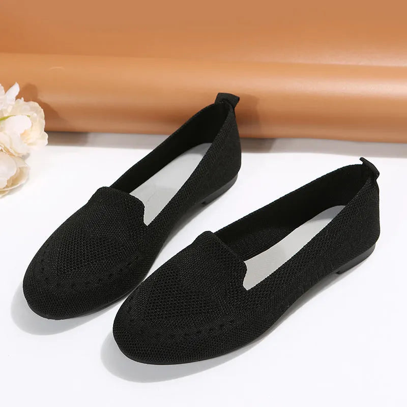 Fly woven mesh low-cut slip-on flat shoes for women in beige, round toe, rubber sole