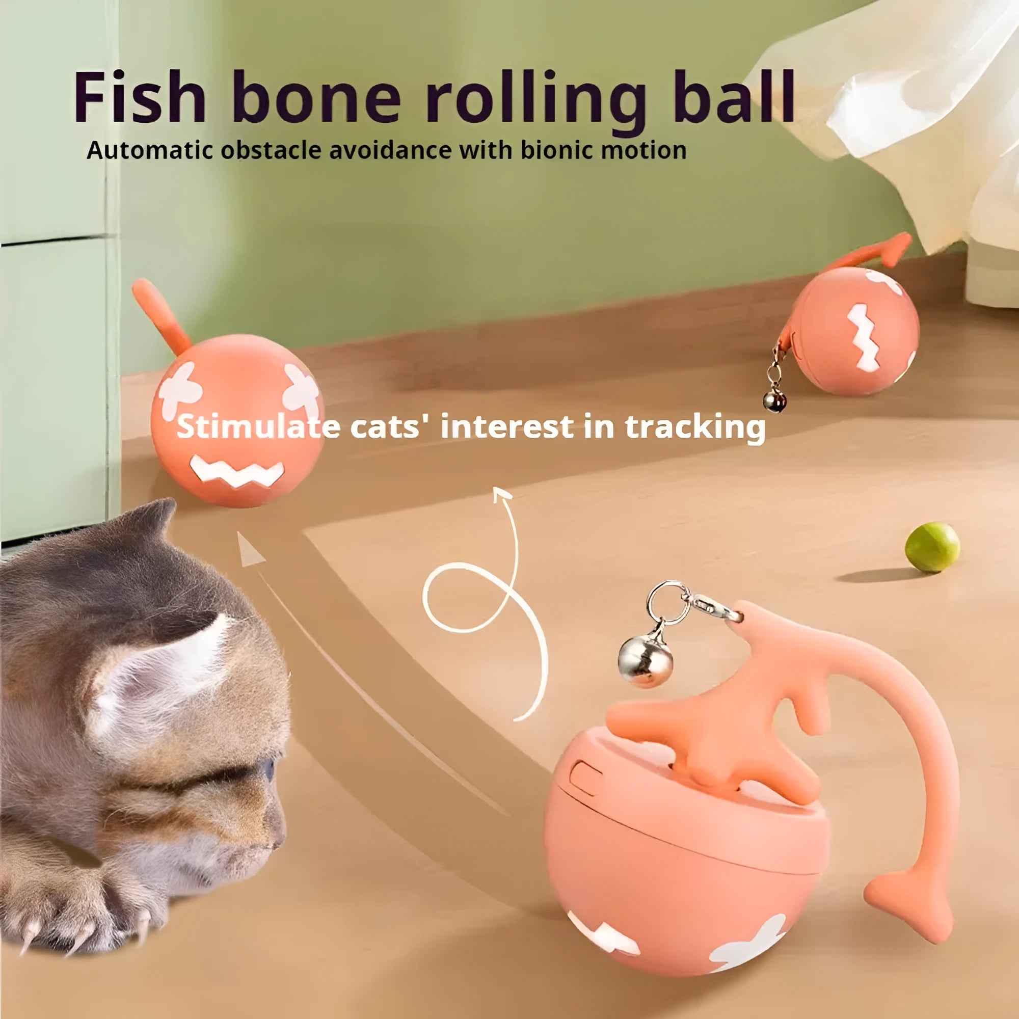 USB electric cat teasing ball toy with fish bone rolling ball design in blue pink yellow colours