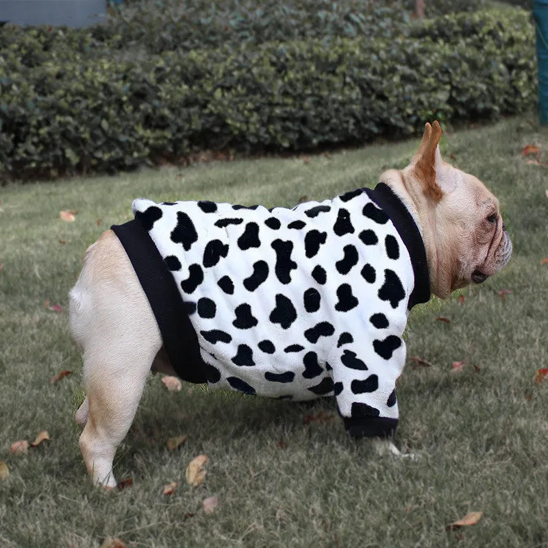 Coral fleece dog pajamas in Bear style pattern on a female Corgi, front view showing sweater design