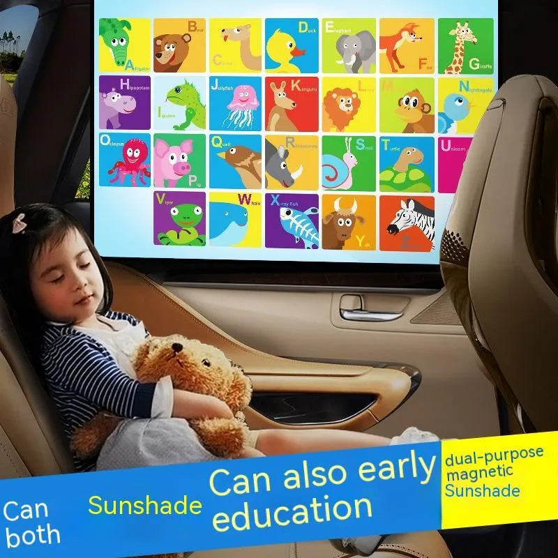 Retractable magnetic car sunshade with silver coating and cartoon animal letter patterns
