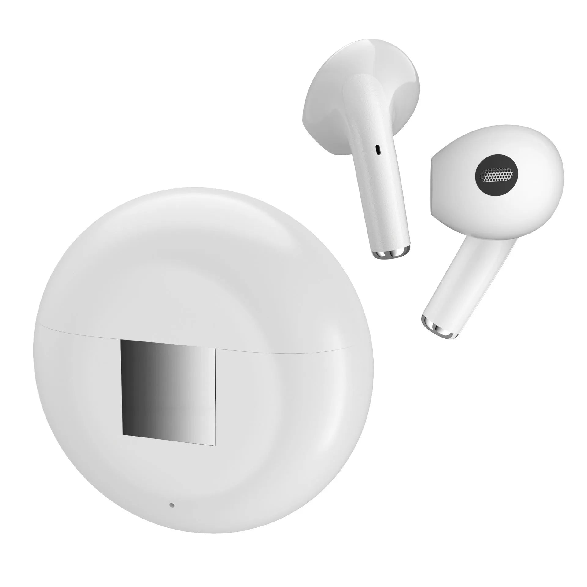 White Budz5 J6 wireless Bluetooth semi-in-ear headphones with charging case on a white background.